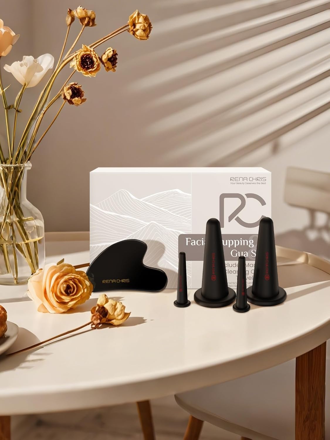 Rena Chris Facial Cupping Set & Gua Sha Facial Tool - Silicone Cupping Set & Obsidian Gua Sha Stone - Face Cupping Therapy Set for Natural Skin Care, Puffiness, Lip Plumping(Black) - Image 8