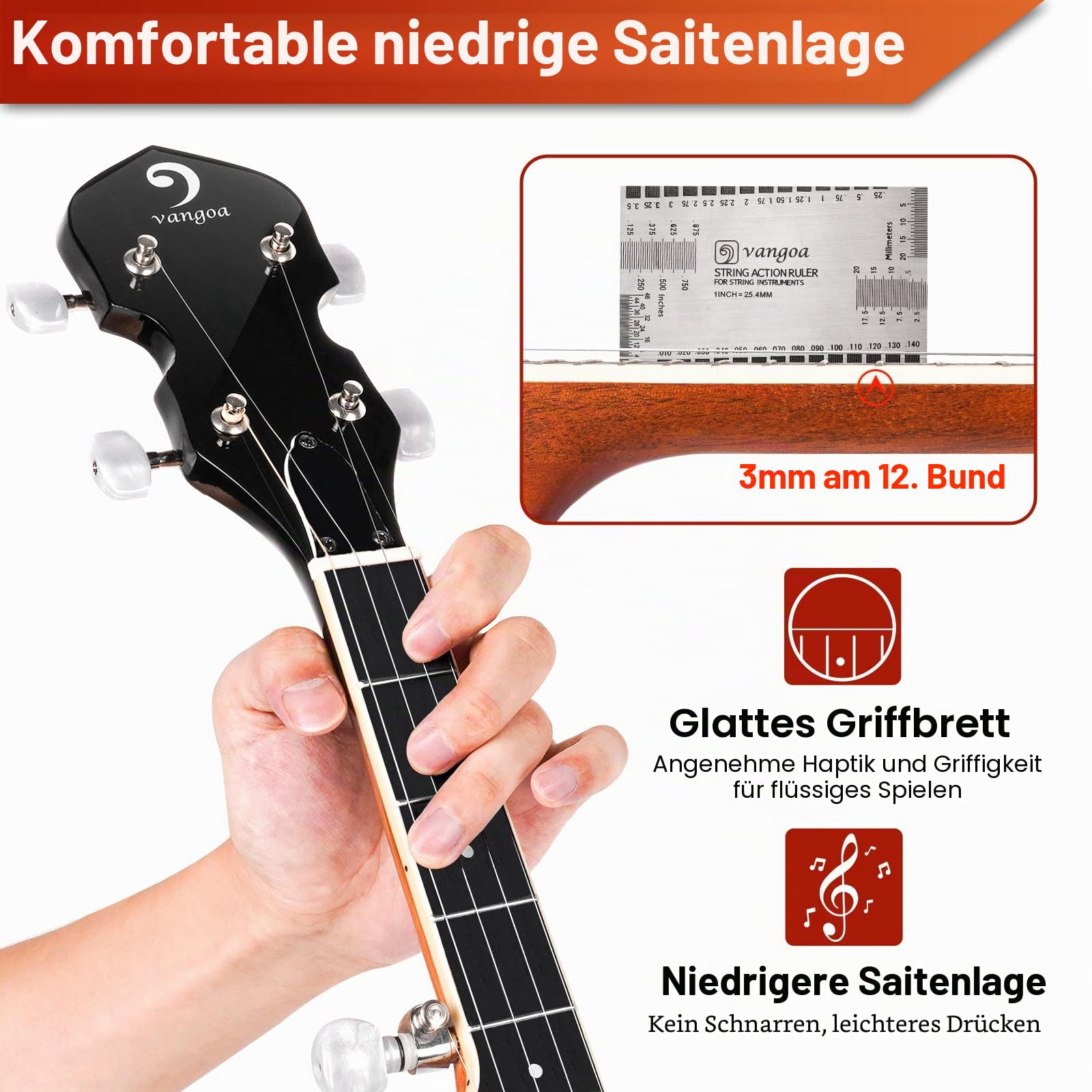 Vangoa 5 Saiten Banjo Remo Kopf geschlossen Solid Back Banjos mit Anfänger Kit, Stimmgerät, Strap, Pick-up, Saiten, Picks und Tasche