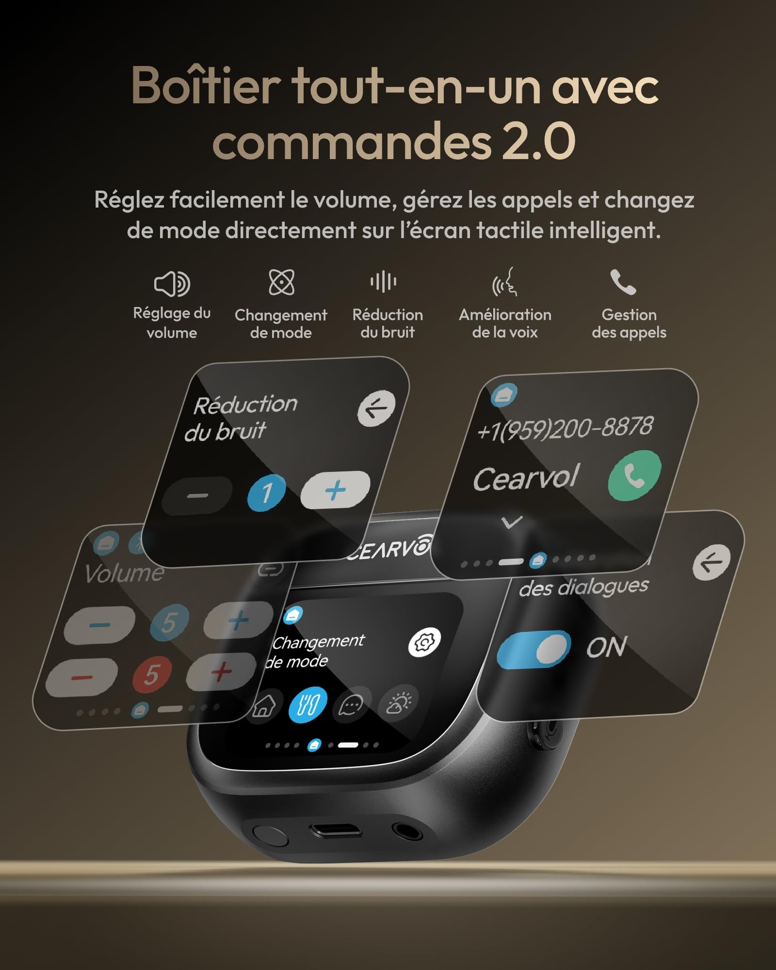 Wave Amplificateur sonore Bluetooth, Écran tactile intelligent, étui de charge, contrôle via application, entrée AUX et rechargeable (Minuit)