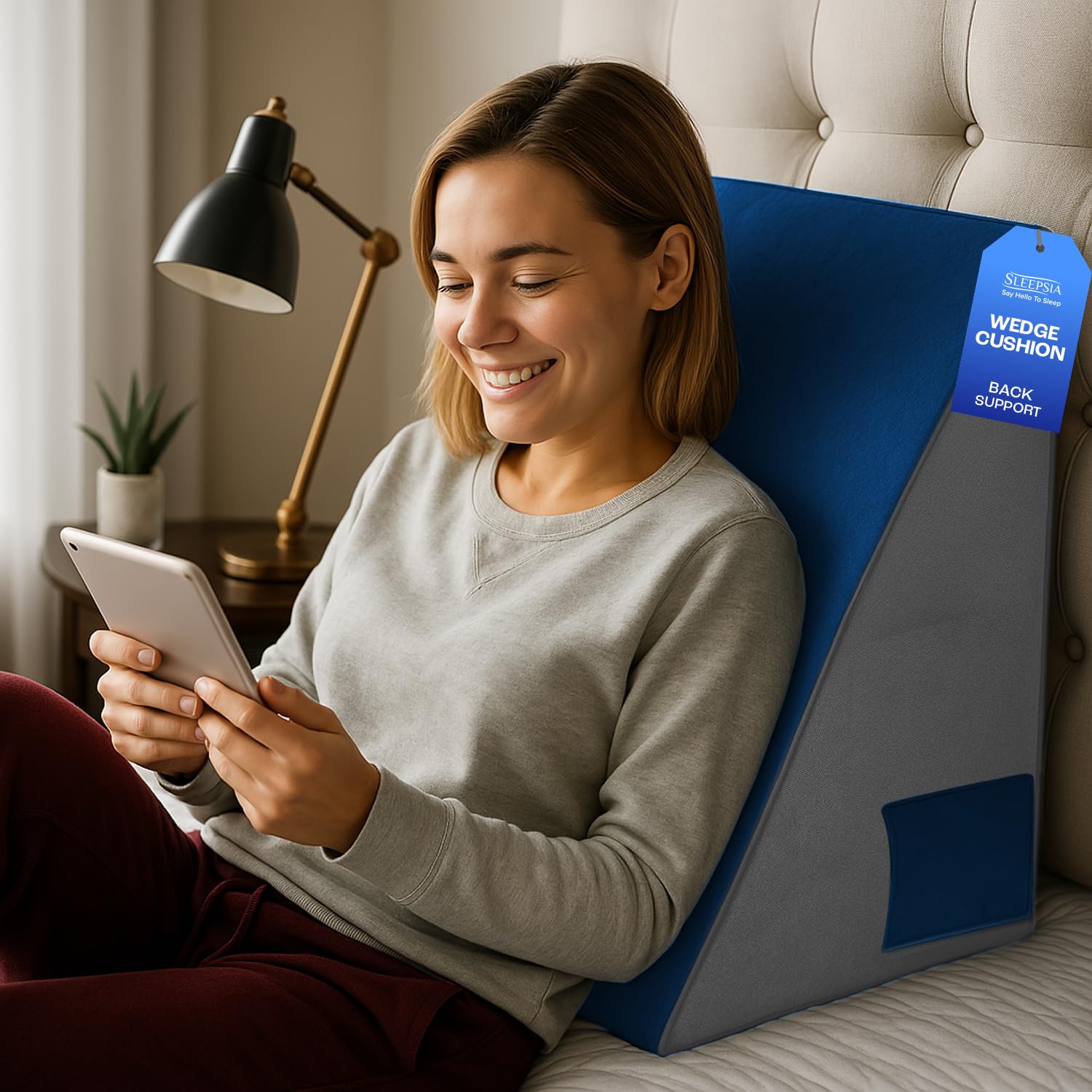 - Sleepsia Wedge Cushion | 1 Year Warranty | Wedge Pillows for Bed, Orthopedic Memory Foam Back Support Pillow for Bed | Acid Reflux, Pregnancy, GERD, Back & Leg Support- Grey/Blue, 20" Lx17.4 Wx10 H