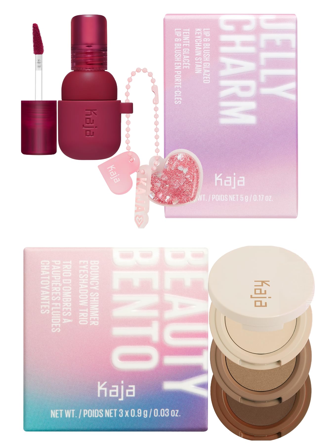 Kaja Lip & Blush Glazed Keychain Stain - Jelly Charm 01 Cherry Spritz + Beauty Bento Collection - Bouncy Eyeshadow Trio 14 Neutral Moment, 0.03 Oz Bundle