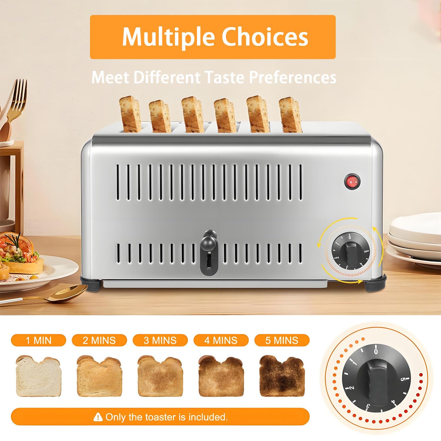 Tostadoras comerciales de Acero Inoxidable de 2240 W, tostadora Comercial de rebanadas, Calentamiento Uniforme, Tiempo Ajustable y cocción rápida, Pan, sándwiches y Pastel de Carne. 6Slots
