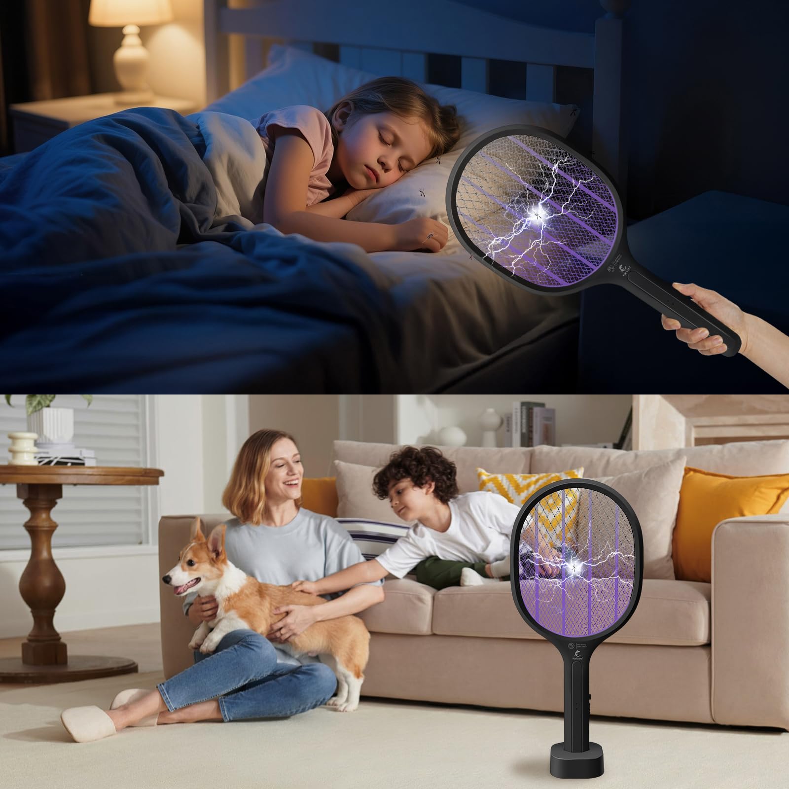Raquette Electrique Insectes 2-in-1 Anti Moustique Tapette à Mouche 3000V USB Rechargeable