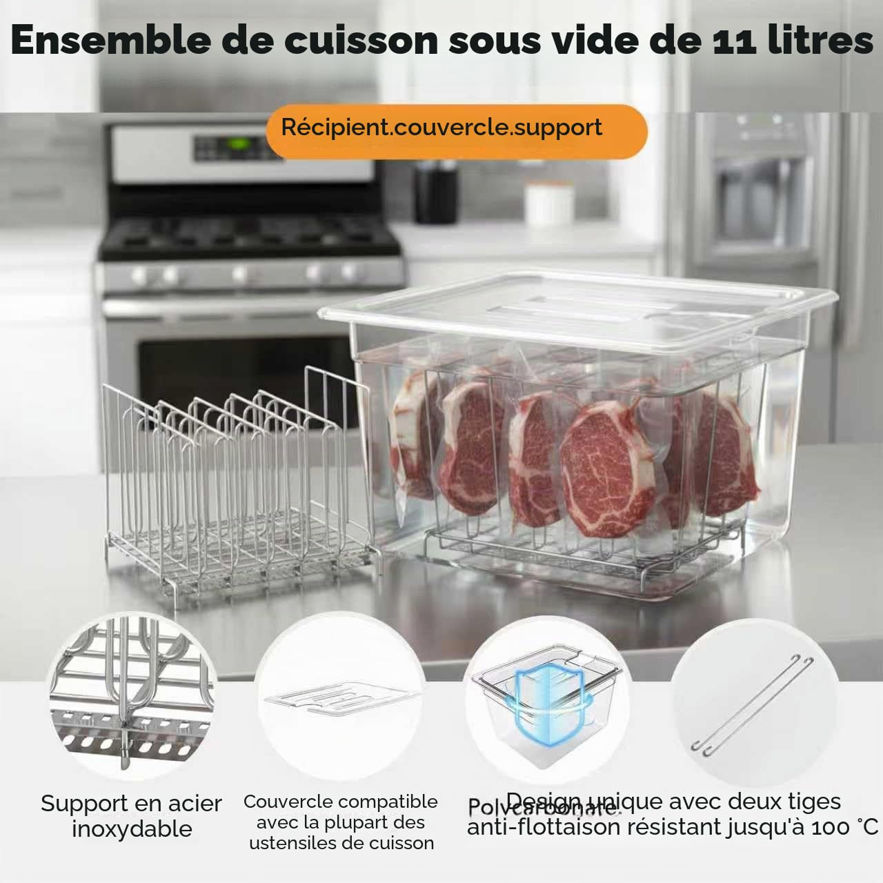 Conteneur Cuisson 11L sous Vide Basse Température avec Pour Cuiseur Sous Vide Récipient de cuisson sous vide avec couvercle et grille, Récipient Transparent Multifonction (sans BPA)