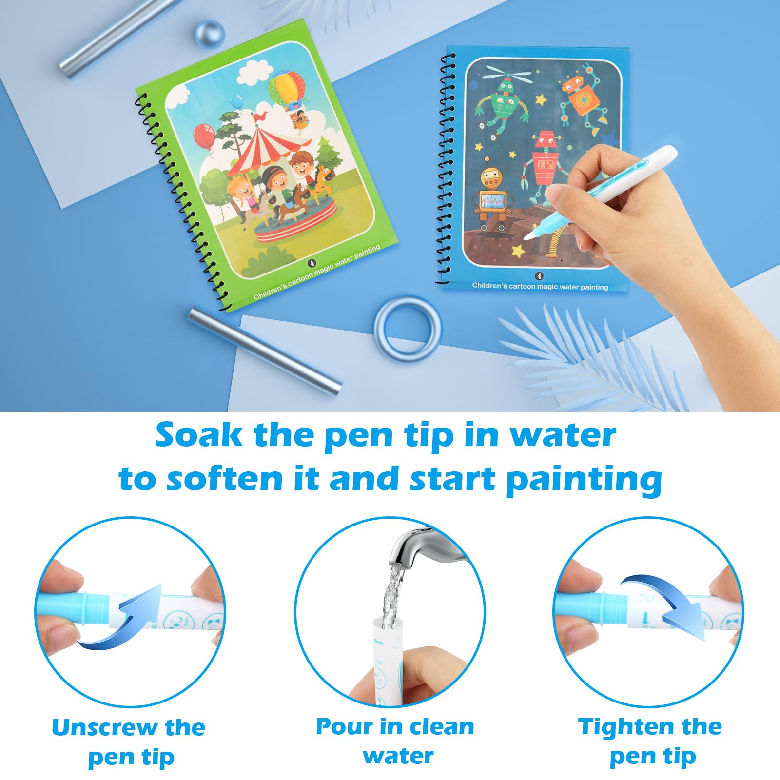 Libro Mágico De Agua Para Niños – Set De 4 Libros Reutilizables Con Bolígrafos (Animales, Océano, Dinosaurios, Espacio)