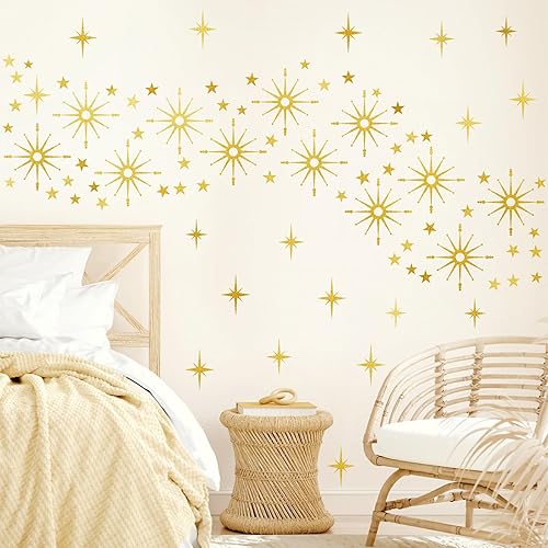 Miniatura 5 de Calcomanías de pared con estrella dorada, diseño retro de explosión de estrellas, calcomanías para dormitorio, sala de estar, decoración de techo,