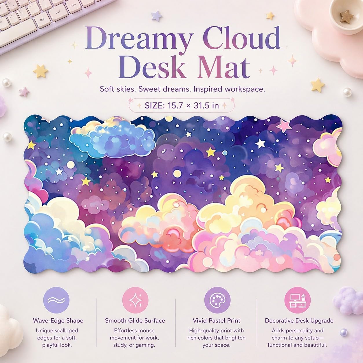 Cloud Large Gaming Mouse Pad Desk Mat, Pastel Star Kawaii Dream Sky Rubber Anti-Slip Base, Stitched Edges No Curling, Fits Laptop Keyboard and Mouse, Smooth Office Mat Mouse Pad for Work image 2