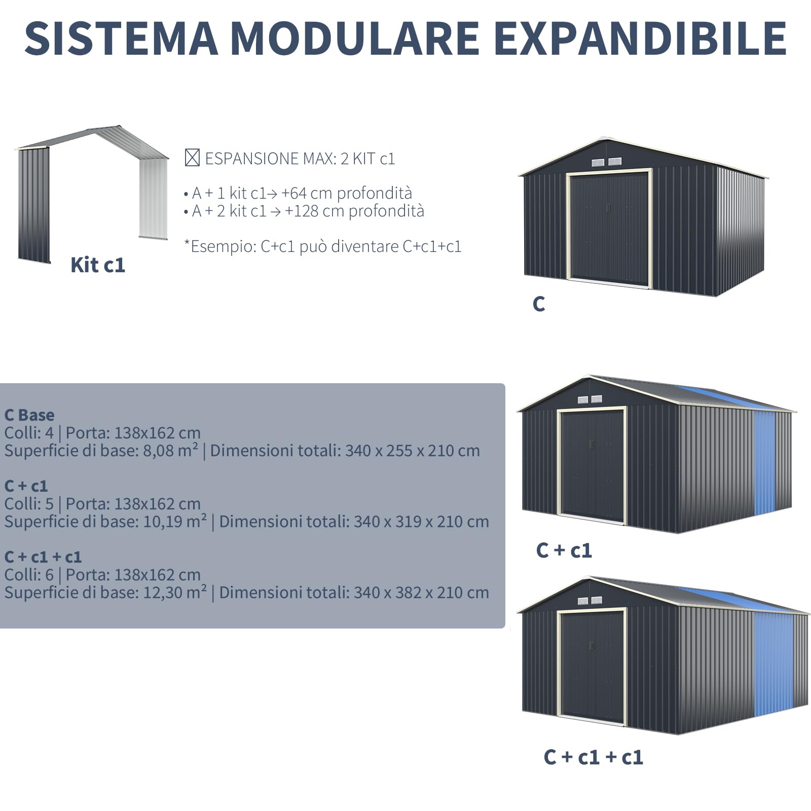 RELAX4LIFE Casetta da Giardino 340 x 319 x 210 cm (10,19 m²), Acciaio Zincato, 4 Prese d'Aria, Porta 117x162 cm, Tetto Inclinato, Porte Scorrevoli, Expandibile, Grigio