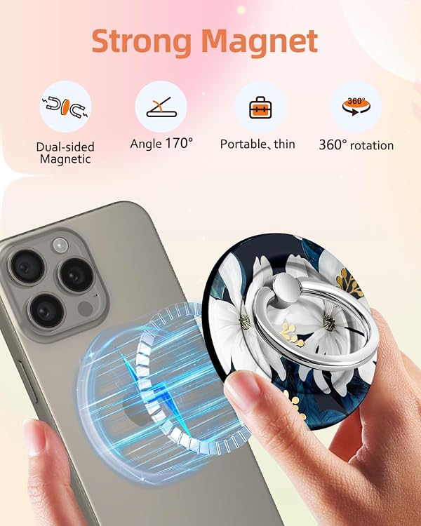 Lotadilo for Magnetic Phone Ring Holder Compatible with MagSafe for Women - Cute Design Magnet Phone Grip Ring Stand Kickstand for iPhone 17/16 Pro Max/16 Pro/16/15/14/13/12 Series, White Flower by Lotadilo - Used condition - Image 2