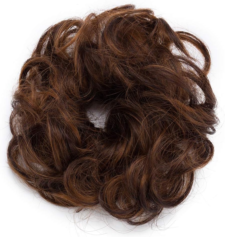 Messy Hair Bun Hair Scrunchies Extensions Curly Wavy Hairpiece Synthetic Chignon for Women Updo Ponytail Bun Extension Coffee Brown Auburn mix - Image 3