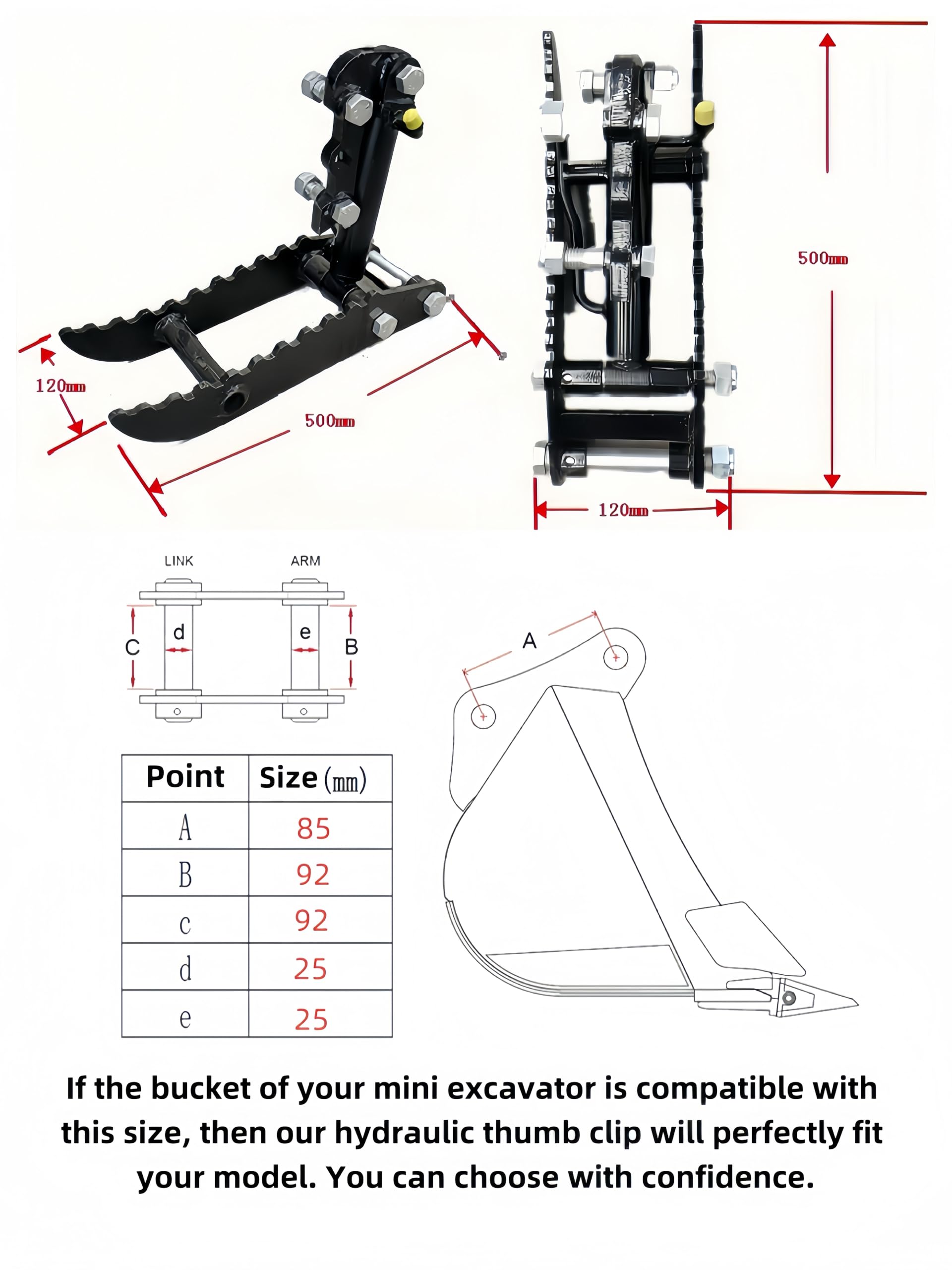 Hydrauliczne mocowanie na kciuk do minikoparek, koparek, gąsienic gąsienicowych z 2 wężami hydraulicznymi, pasuje do małej koparki do 3 ton