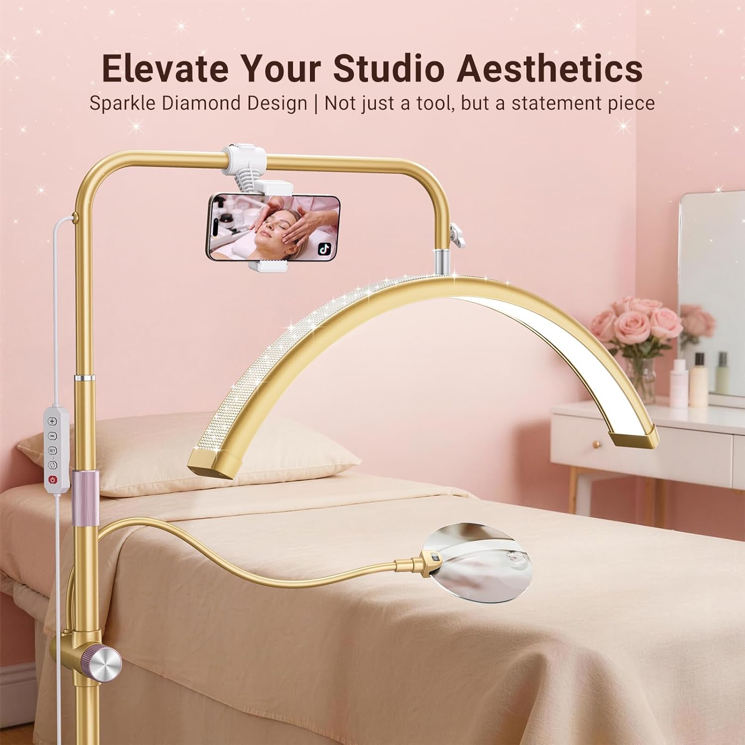 Half Moon Lash Light - Bling Diamond Lash Lamp with 4X Magnifier & Phone Holder, Adjustable Floor Lamp for Eyelash Extensions, Nail Art, Tattoo, Skincare, Dimmable Brightness, Rotating Head, Gold