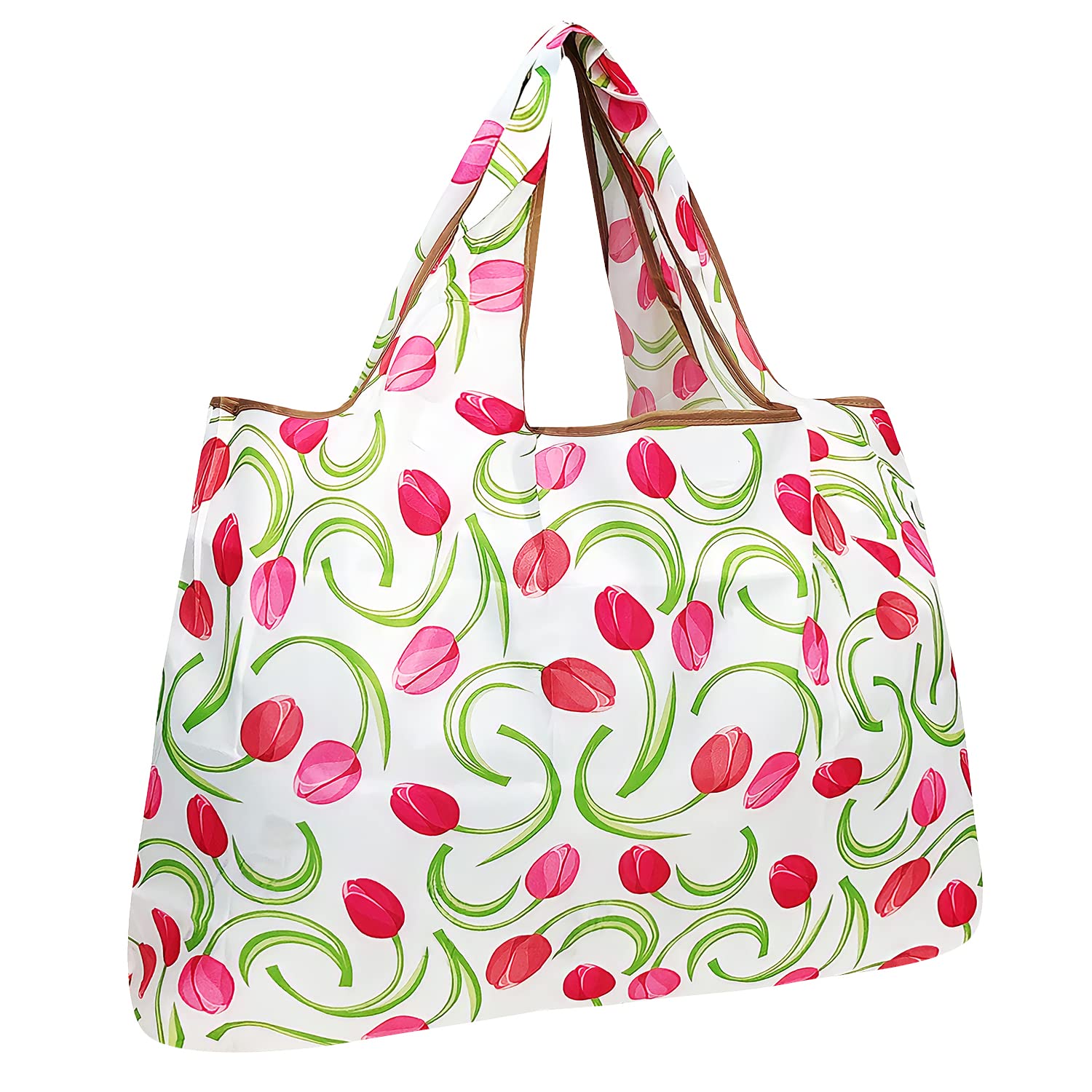 allydrew Large Foldable Tote Nylon Reusable Grocery Bags, Pink Tulips