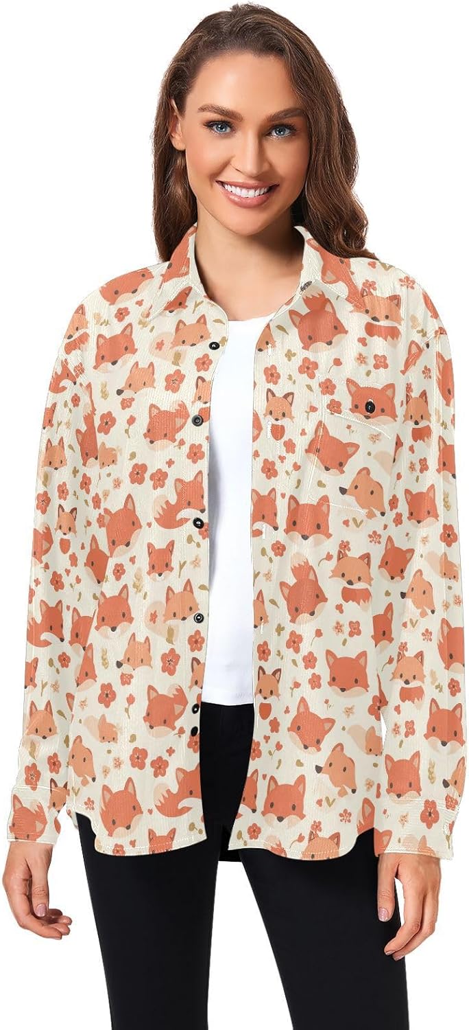 Cute Fox Pattern Foxy Endless Womens Men's Regular-Fit Rugby Shirts Beach Long Sleeve Business Work Tops