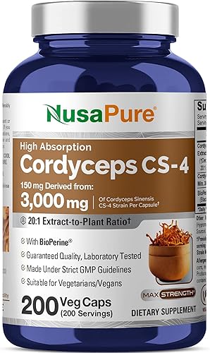 NusaPure Cordyceps Extract 3000 mg 200 cápsulas vegetales (Sinensis CS-4, sin OMG y sin gluten) con bioperina