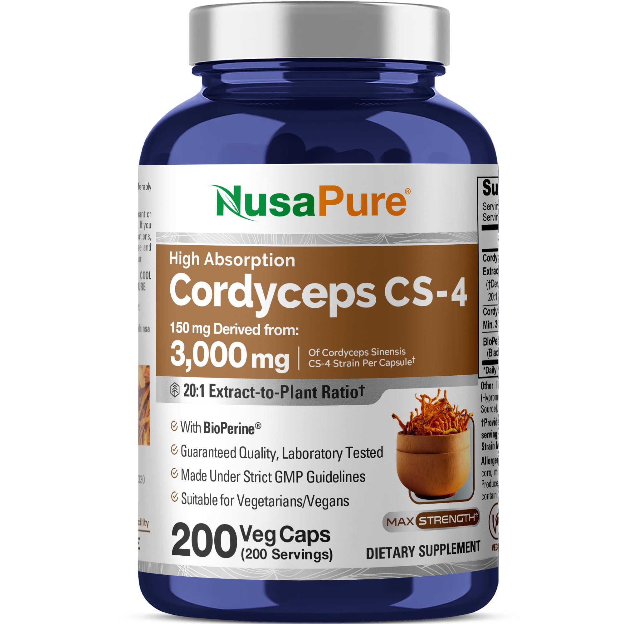 NusaPure Cordyceps 20:1 Extract, 150 mg Equivalent to 3,000mg 200 Veggie Capsules (Sinensis CS-4, Non-GMO, Vegan) Bioperine