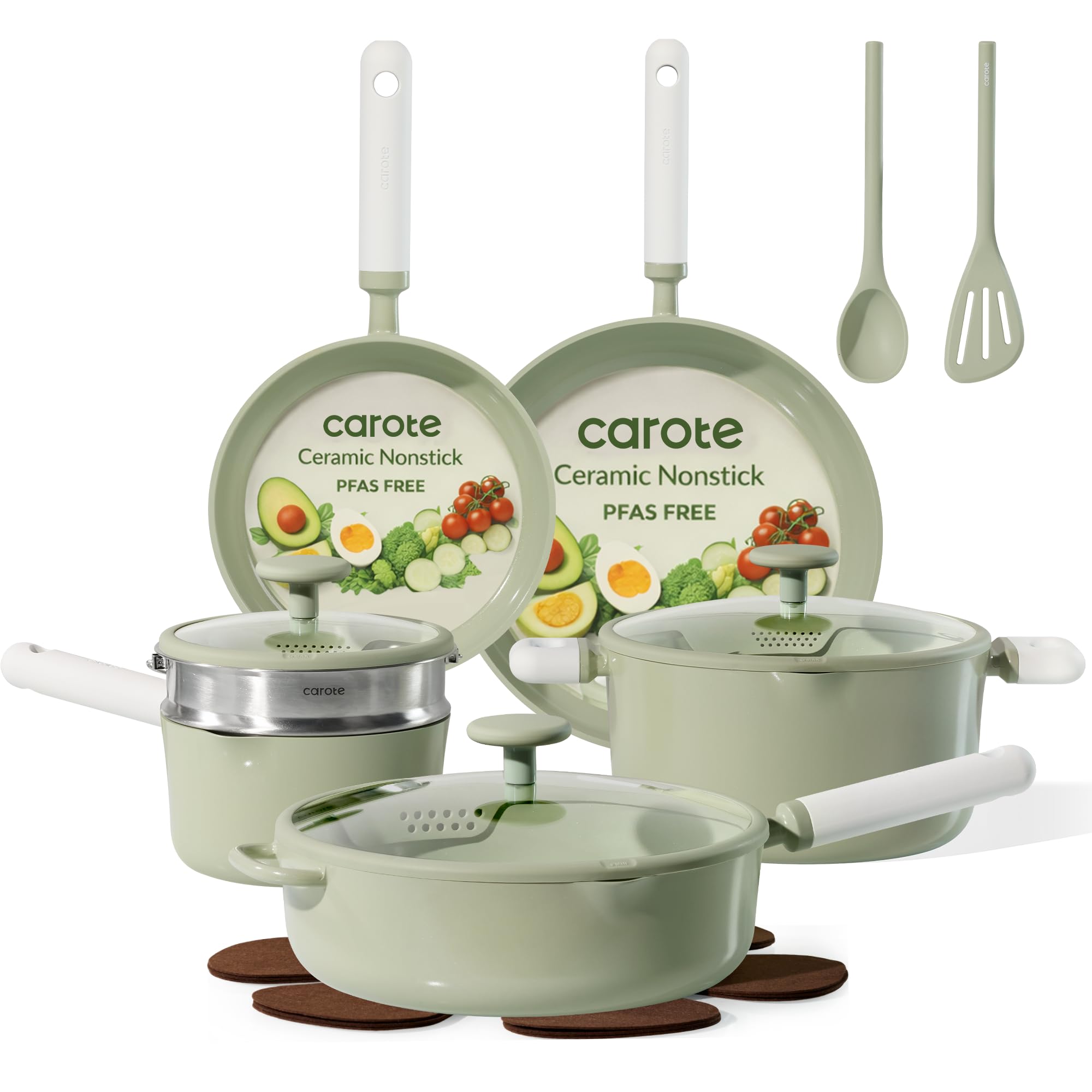CAROTE Pots and Pans Set Non stick, 15pcs Ceramic Cookware Set Nonstick Non Toxic Cookware,Dishwasher,RV/Camping Cookware Set,Green