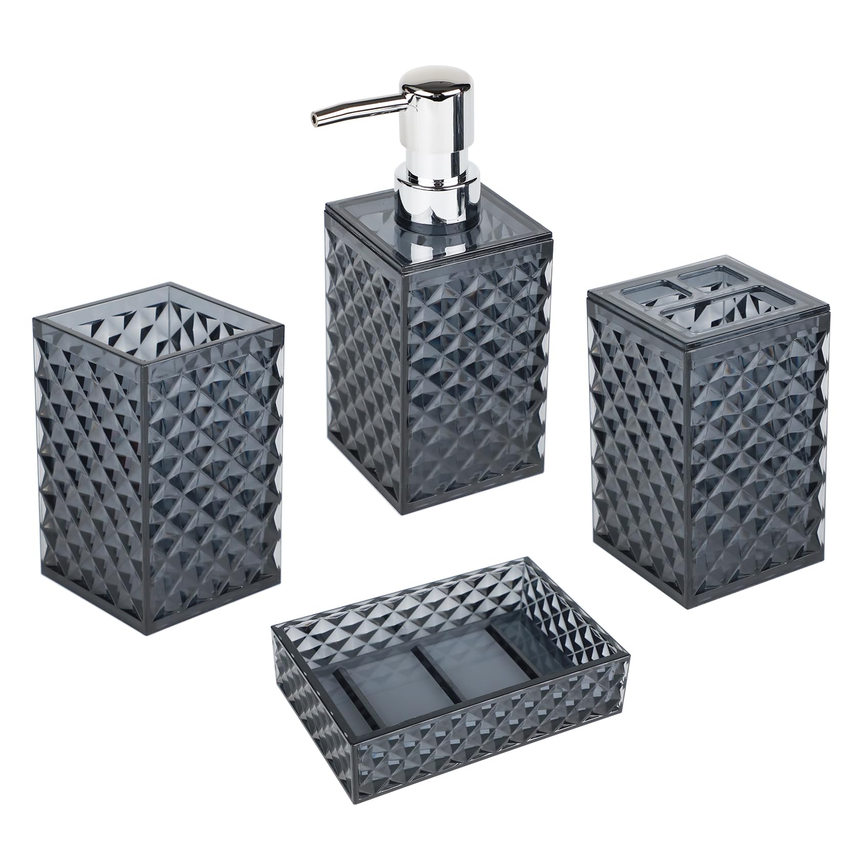 Bathroom Accessories Set, 4 PCS Grey Bathroom Accessory Sets Complete, Diamond Pattern Soap Dispenser and Toothbrush Holder Set,Boho Bathroom Decor,