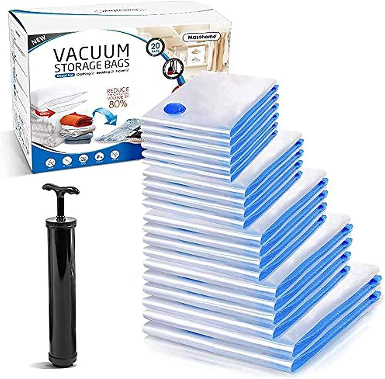 Masthome Vacuum Storage Bags, 20 Pack Space Saver Vacuum Compression Bags with Hand Pump for Comforters and Blankets, Sealer Clothes Storage, 6 Small, 4 Medium, 4 Large, 4 Extra Large, 2 Jumbo