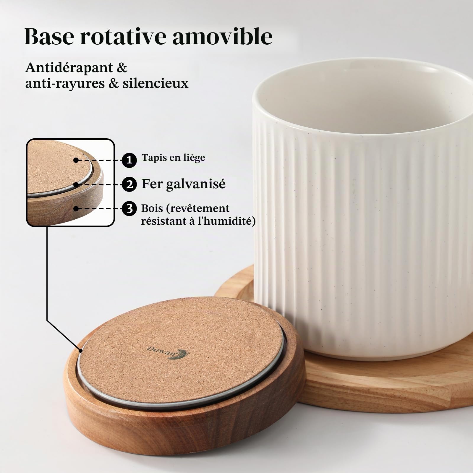 DOWAN Porte-ustensiles de cuisine rotatif en céramique, grand récipient pour ustensiles de cuisine, grand récipient pour cuillères de cuisine, rangement d'ustensiles de cuisine, blanc avec relief