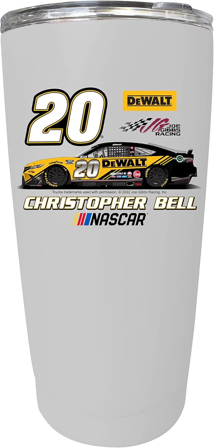 R and R Imports Nascar # 20 Christopher Bell 16 oz Stainless Steel Tumbler Car Design White