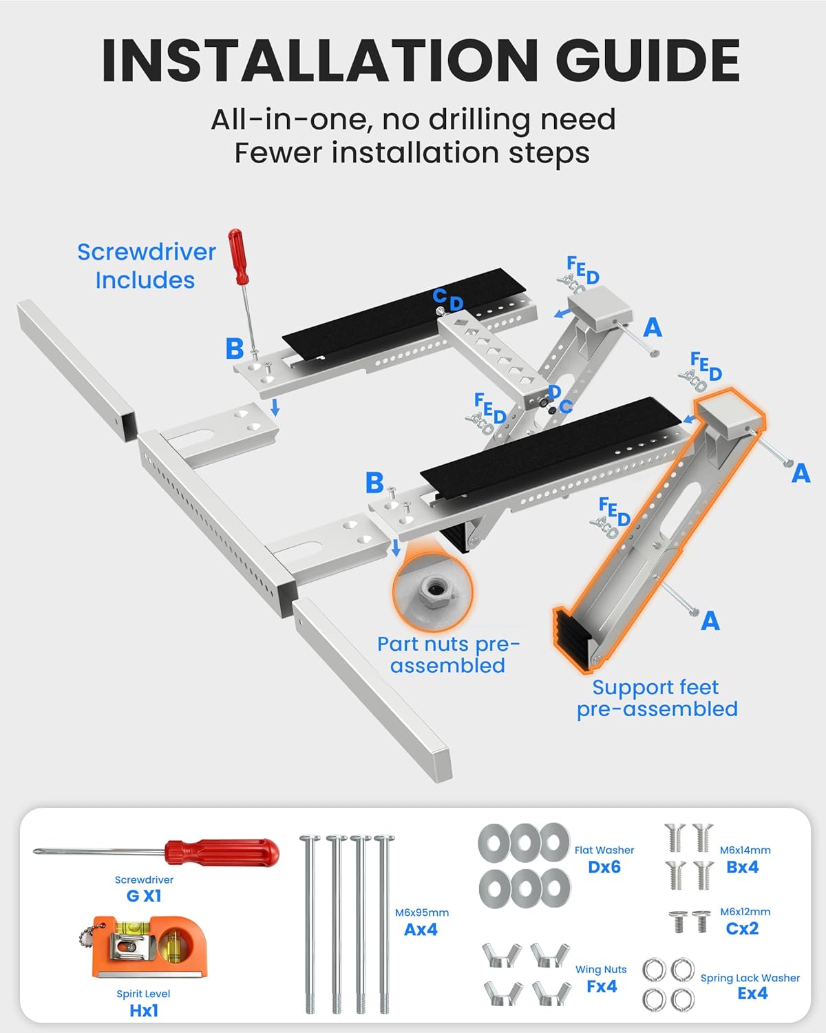 Window AC Bracket, Heavy Duty Window Air Conditioner Support Brackets with 2 Arms, A/C Holder for 5000 Btu to 24000 Btu Outdoor AC Window Units, Max 350 Lb Capacity No Drilling
