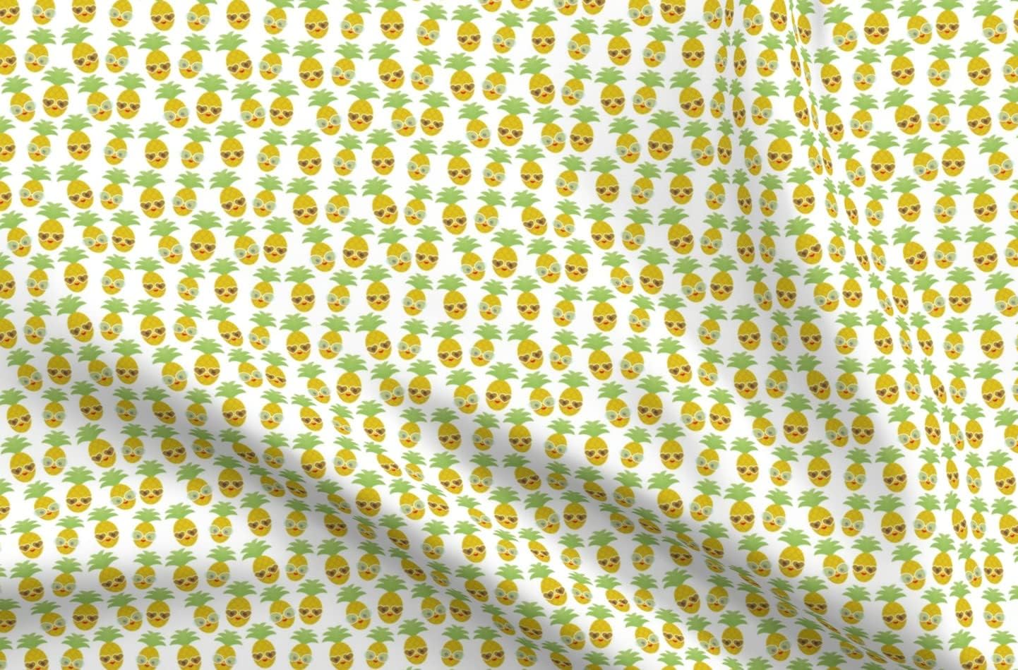 Spoonflower Fabric - Kawaii Pineapple Face Smile Eyes Sunglasses White Background Fruit Printed on Upholstery Velvet Fabric Fat Quarter - Upholstery Home Decor Bottomweight Apparel