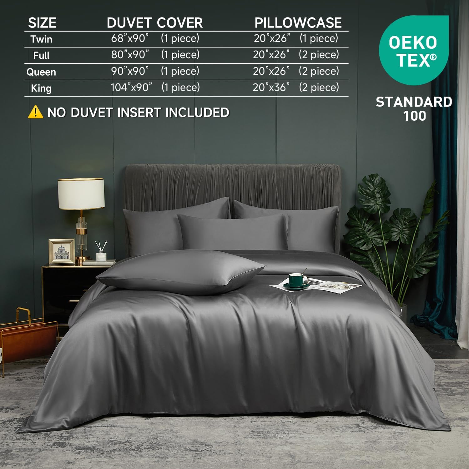 Cooling Duvet Cover Twin Set Gray, 100% Viscose Derived from Bambo, Summer Soft Breathable Rayon Bedding Set for Hot Sleepers, Luxury Luxurious Silky Smooth Comforter Cover for All Seasons