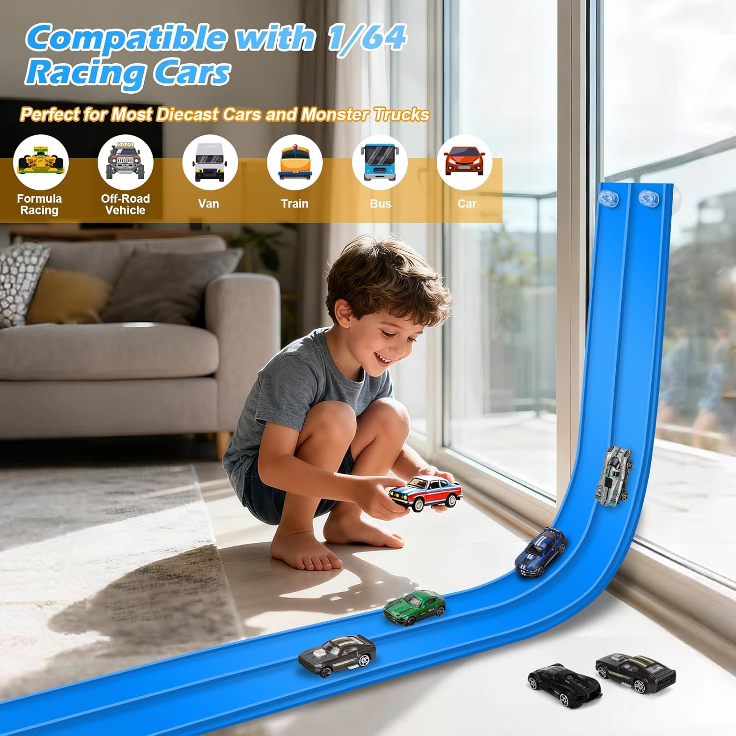 flexible race track toys for kids, 15 ft flex tracks starter set with strong suction cups - compatible with hot wheels and diecast 1/64th cars, rolls up portable race car ramp track (blue)