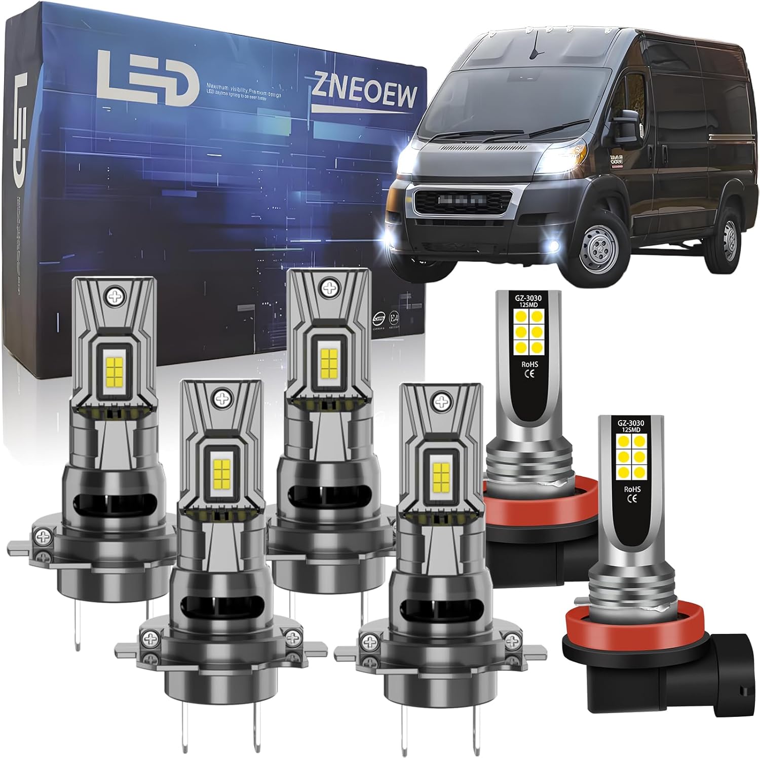 Fit For Ram ProMaster 1500 2500 3500 (2014-2022), H7+H7 High Low Beam and H11 Fog Light bulbs Combo kit, 6000K White light, 24000LM 800% Brightnes Bulbs, with Fan, Plug n Play, pack of 6