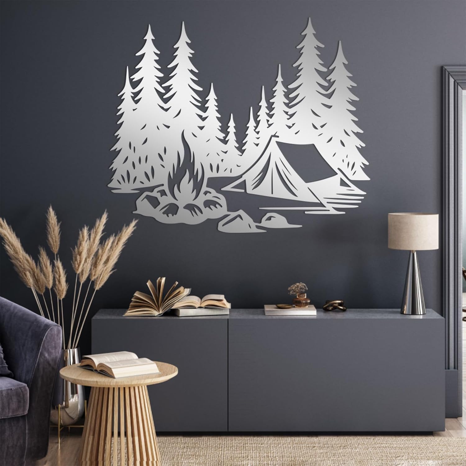 Modern Minimalist Metal Wall Art Decor Camping Scene with Tent and Fire Art,Campfire Mountain Decor,Camper Hanging,Farmhouse Outdoorsman Gift (Silver,24" Lx19 W)