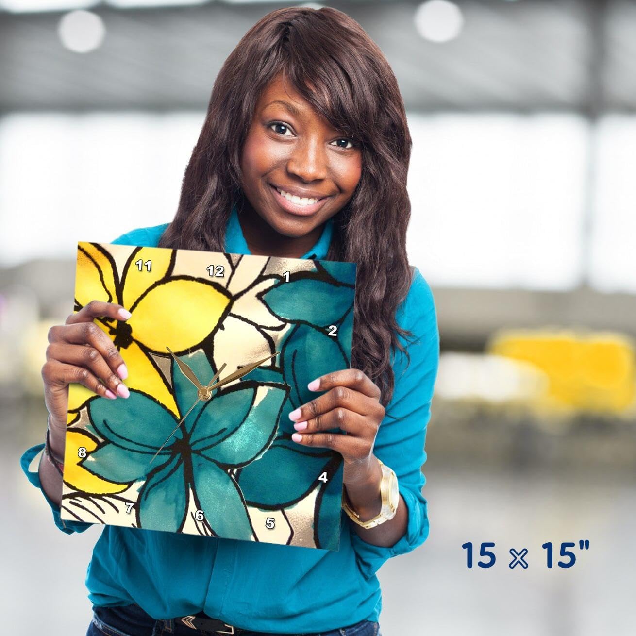 3dRose DPP_32104_3 Teal and Yellow Floral Wall Clock, 15 by 15-Inch