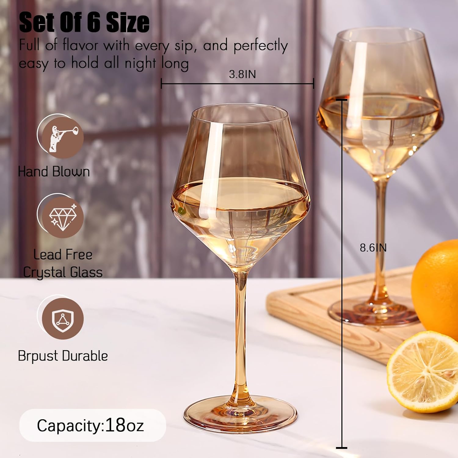 Amber Wine Glasses Set of 6-18oz【Hand Blown】 Crystal Colorful Wine Glasses with Stem-Muticolor Wine Glass Wedding/Birthday Gifts set for wine lovers Red White Wine Dinner