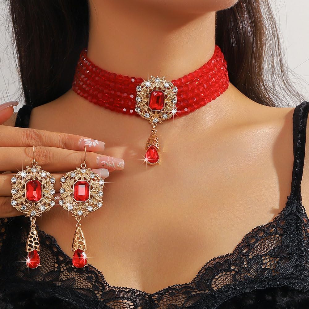 Missgrace Women Silver Black Green Red Rhinestone Crystal Tassels Bridal Necklace Earrings Sets Teardrop Necklace Dangle Earrings Set for Wedding Brides Bridesmaid - Image 3