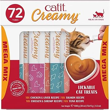 Catit Creamy Lickable Cat Treat Healthy Variety of Flavors, 72 Pack, Hand-Feed or Serve, Nutrient-Rich Squeeze Tube, 0.5 oz Each