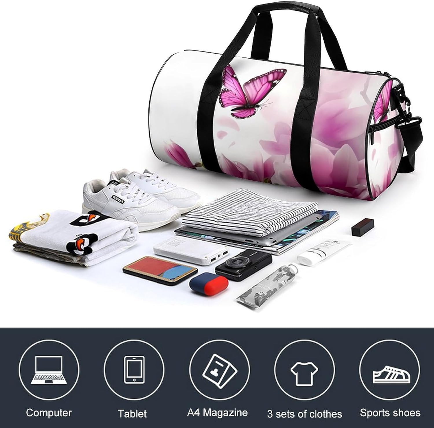 Magnolia Plant Flora Butterfly Print Gym Sport Bag Travel Duffel Bags Weekender Carry on Tote Bags for Women Men