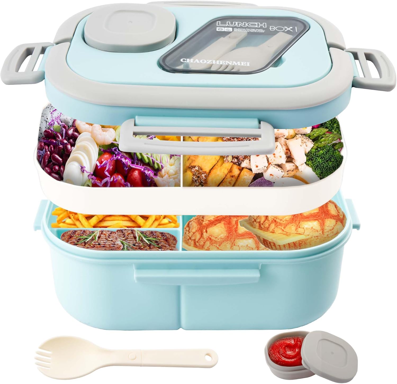 Product image of Adults Bento Lunch Box,Salad Container Large 43oz Salad Bowl, Bento-Style Tray for Toppings, 3oz Sauce Container for Dressings, and Built-In Reusable Fork (Blue)