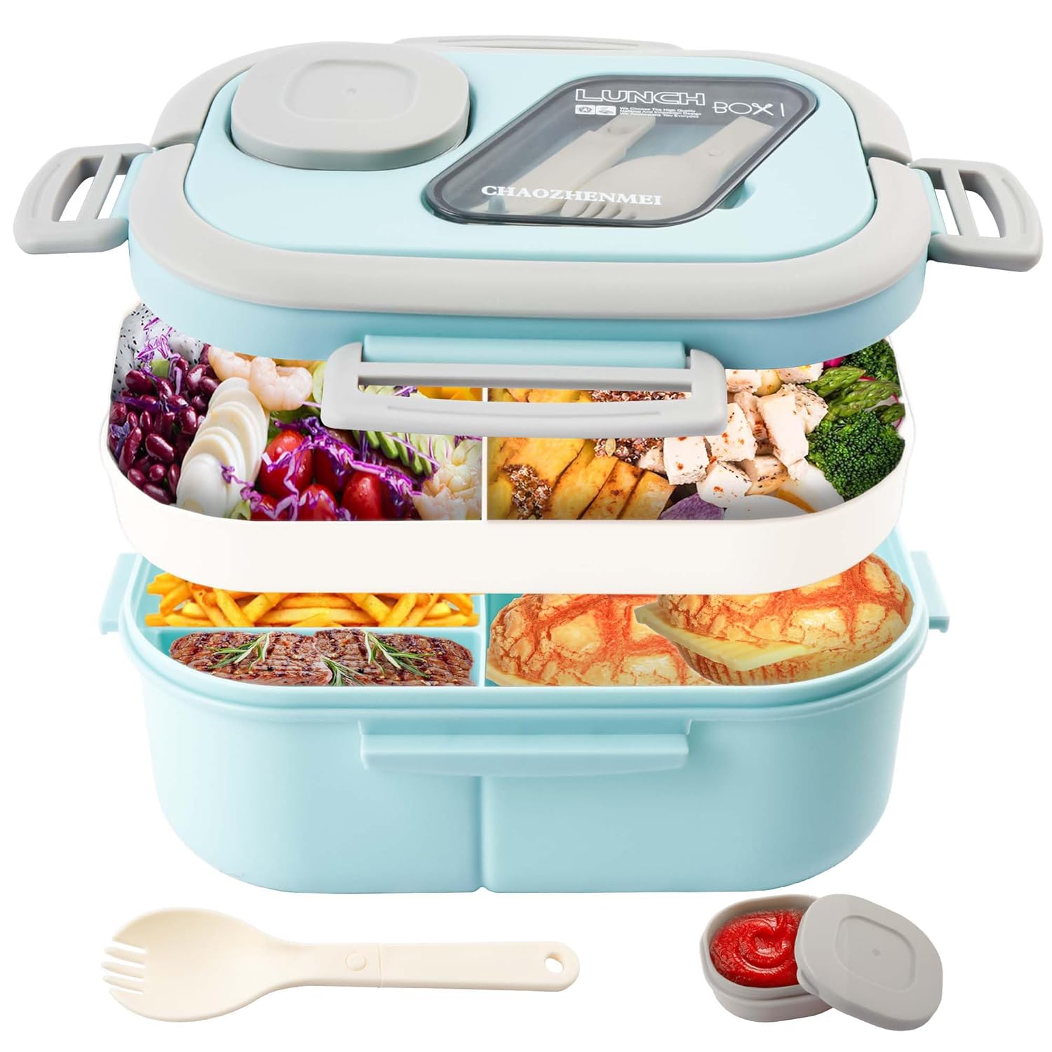 Adults Bento Lunch Box Salad Container Large 43oz Salad Bowl Bento-Style Tray for Toppings 3oz Sauce Container for