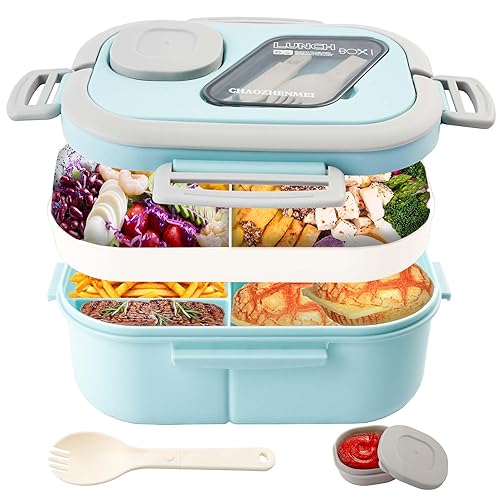 Tinaforld Adults Bento Lunch Box,Salad Container Large 43oz Salad Bowl, Bento-Style Tray for Toppings, 3oz Sauce Container for Dressings, and Built-In Reusable Fork (Blue) - Blue