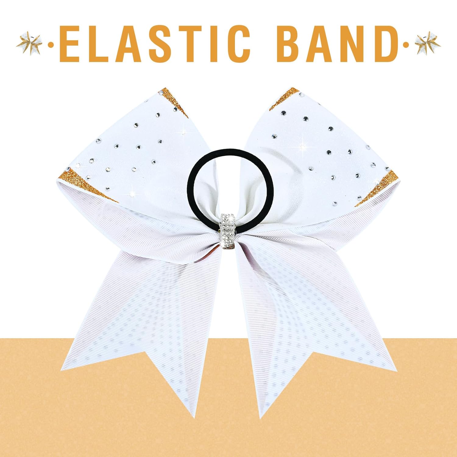 DEEKA 6PCS 8" Large Glitter Gold and White Cheer Bows Two Toned Rhinestones Stiff Cheer Hair Bows Elastic Band Competition Bows for Cheerleader Team Girls Sports -Gold/White