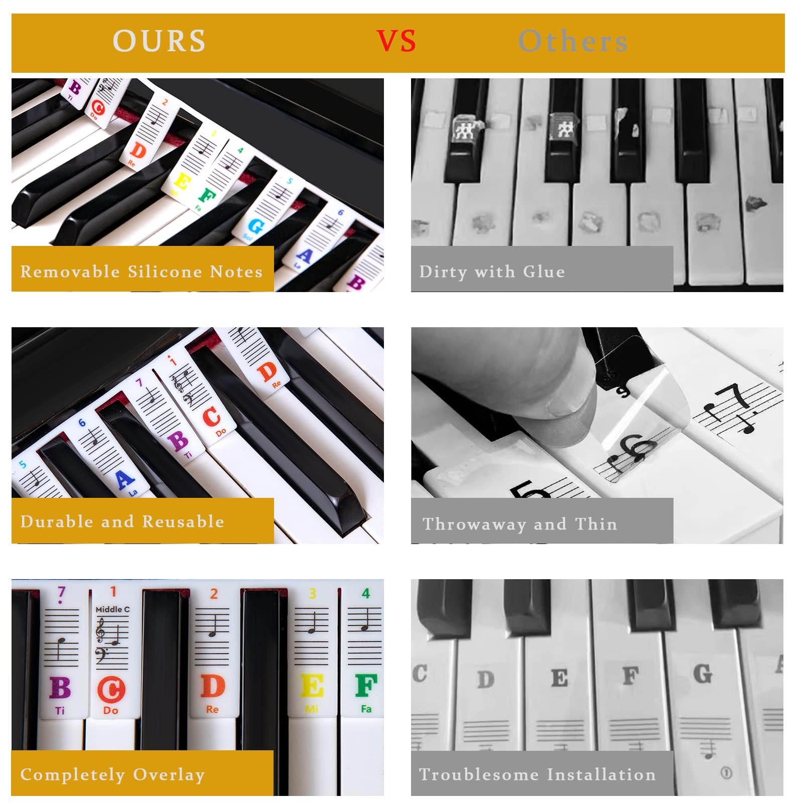 Guide de partitions de piano pour débutants - Étiquettes amovibles pour clavier de piano - Pour toutes les touches 88/61/54/49/37 - Pas besoin d'autocollants - Réutilisables - En silicone