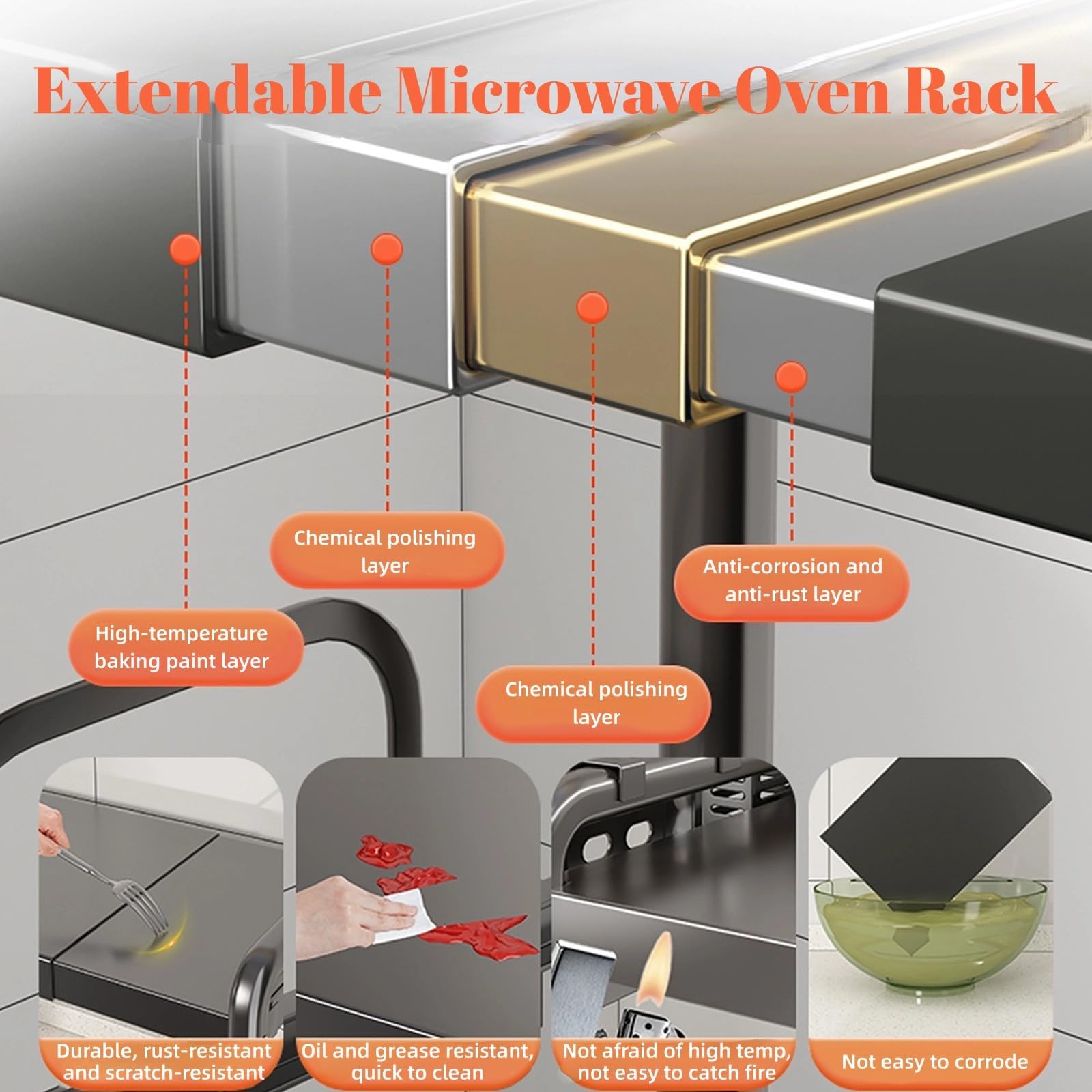 Mensola espandibile per microonde con 6 ganci, supporto estraibile per forno a microonde, 2 livelli, supporto per forno a microonde, scaffale con organizer per piani di lavoro della cucina