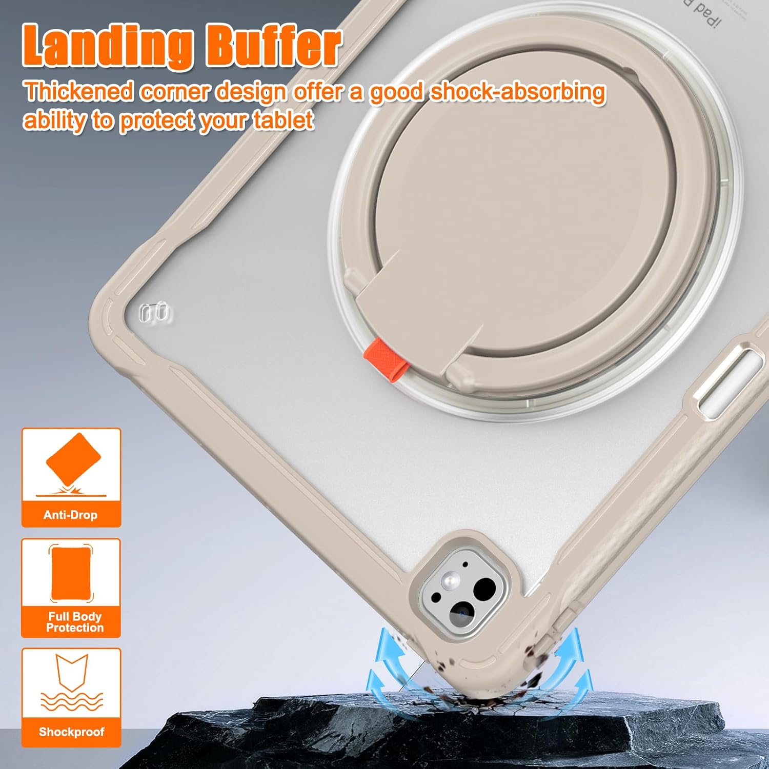 Batianda iPad Pro 13 inch Case 2024 M4 Chip Lightweight Dual-Layer Protective Tablet Cover, Durable Shock-Absorbing Corners with 360° Rotating Retractable Kickstand Ring Built-in Pen Slot, Khaki