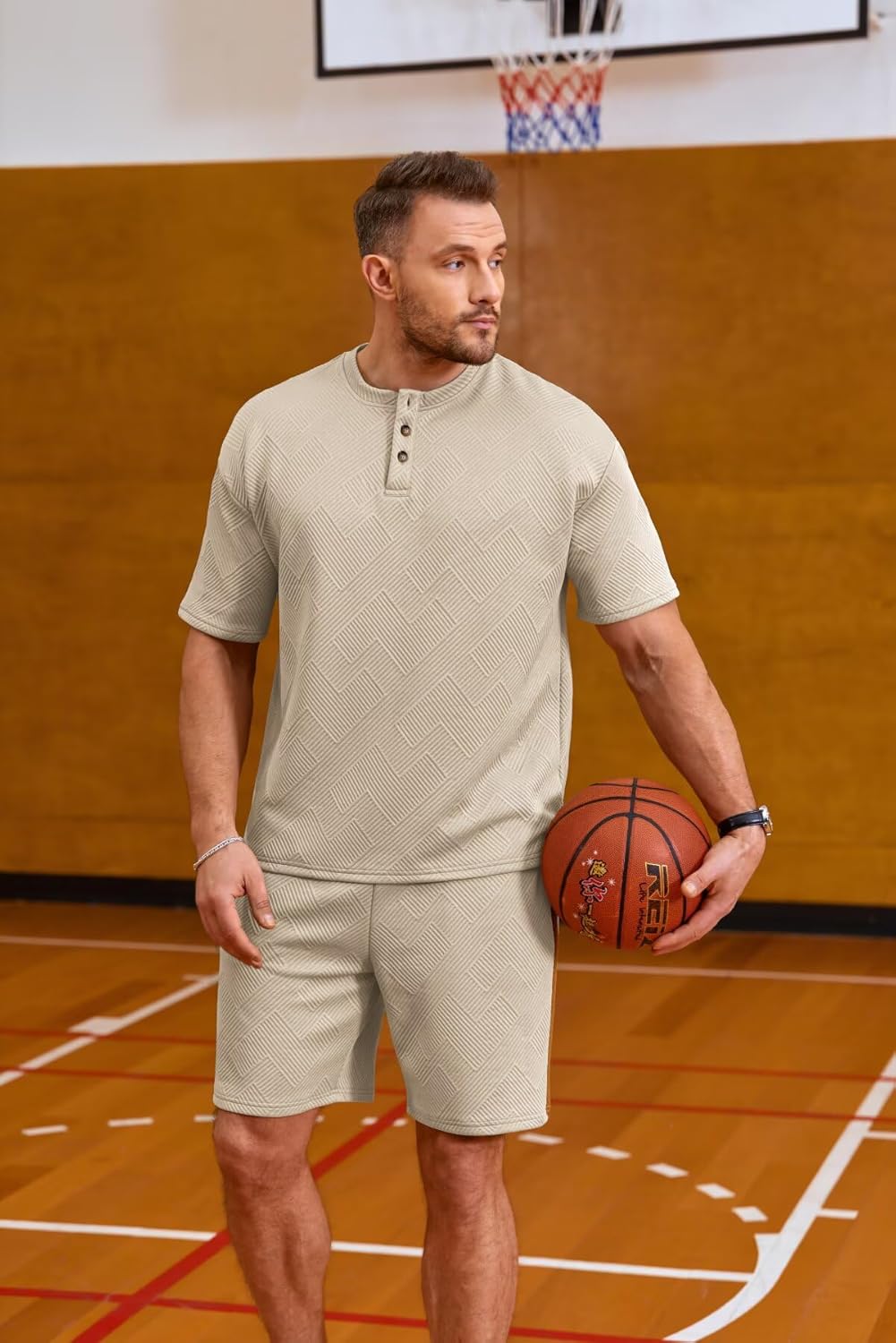 Men's Henley Shirt and Short Sets 2 Pieces Outfits Sweatsuits Set Summer Jacquard Tracksuit Jogging Matching Sets - Image 6