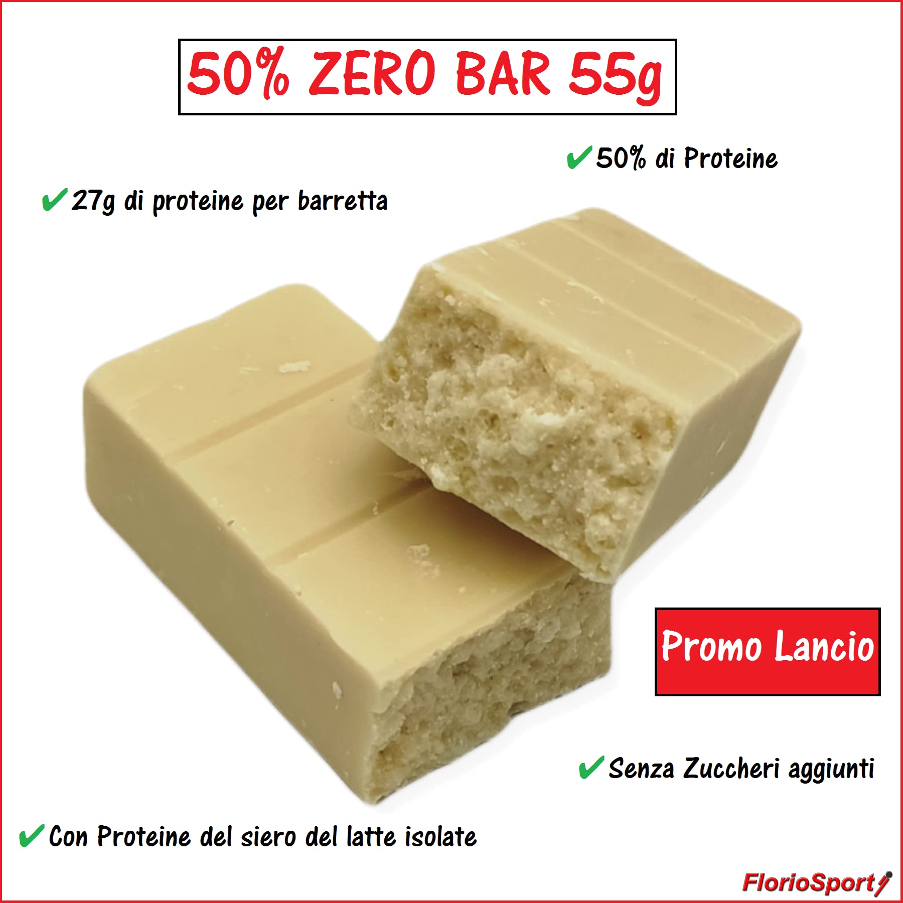 Barrette Proteiche Senza Zucchero 50% Zero Bar FlorioSport 24 pz da 55g al 50% di Proteine del Siero del latte isolate Whey. Peso Netto 1320g (Cioccolato Bianco)