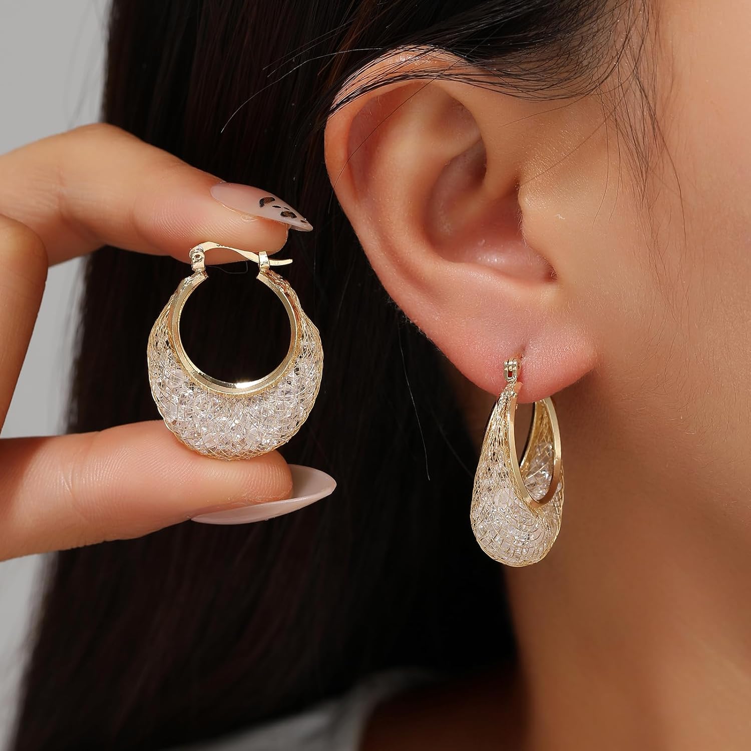 14K Gold Plated 23–25mm Lightweight Mesh Hoop Earrings for Women, Cubic Zirconia, 925 Sterling Silver Post, Hypoallergenic - Image 2