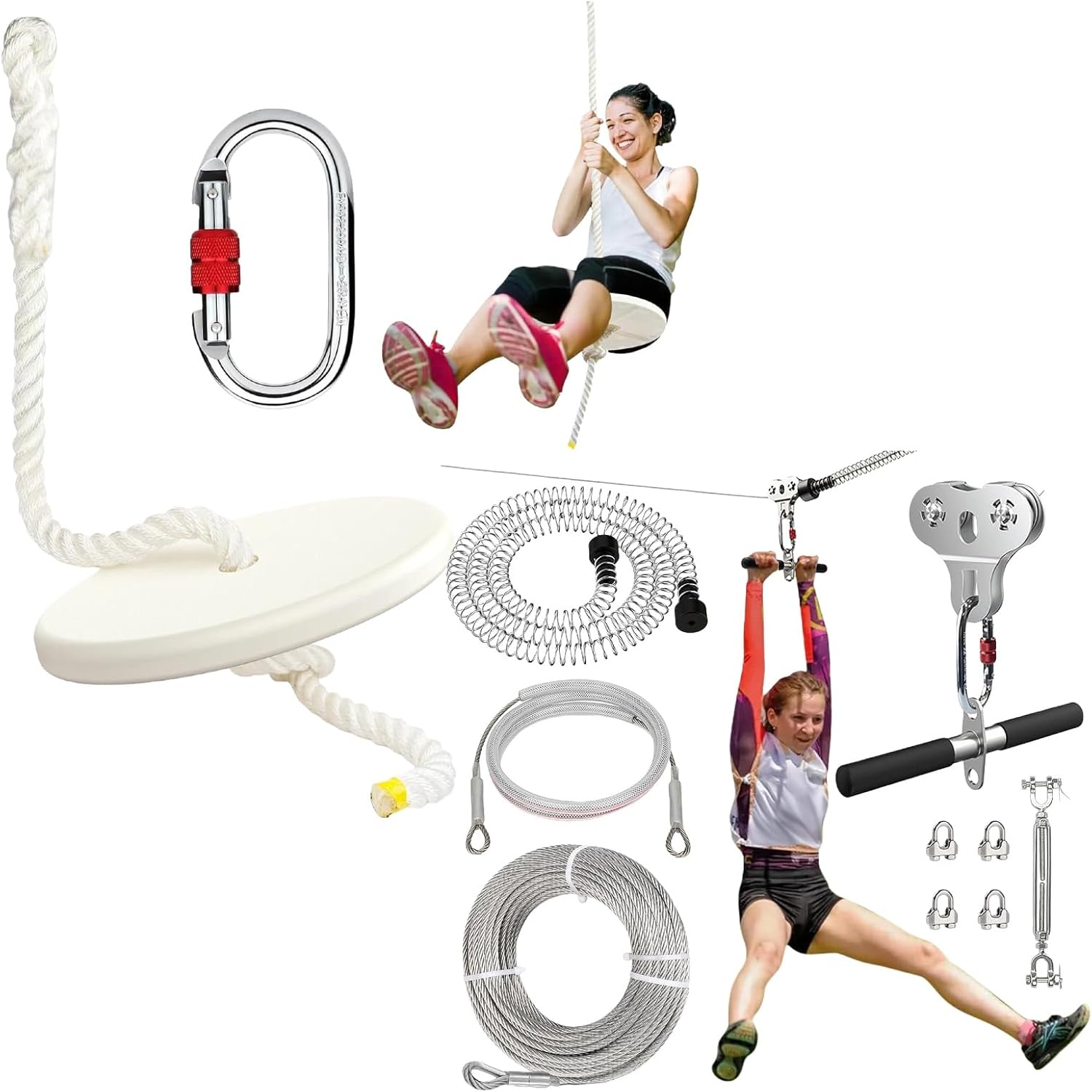 150FT Zipline Kit with Seat – Backyard Zip Line Set for Kids and Adults (500 lbs) with Adjustable Nylon Rope Seat, Carabiner, Pulley & 1/4" 304 Stainless Steel Wire Rope for Outdoor Playgroun