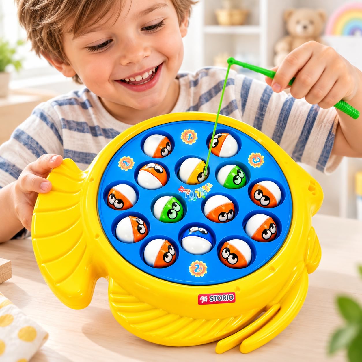 Storio Premium Electronic Fishing Game for Kids | Rotating Fish Catching Toy with 15 Fish & 4 Magnetic Rods | Fun Interactive Board Game for Boys & Girls