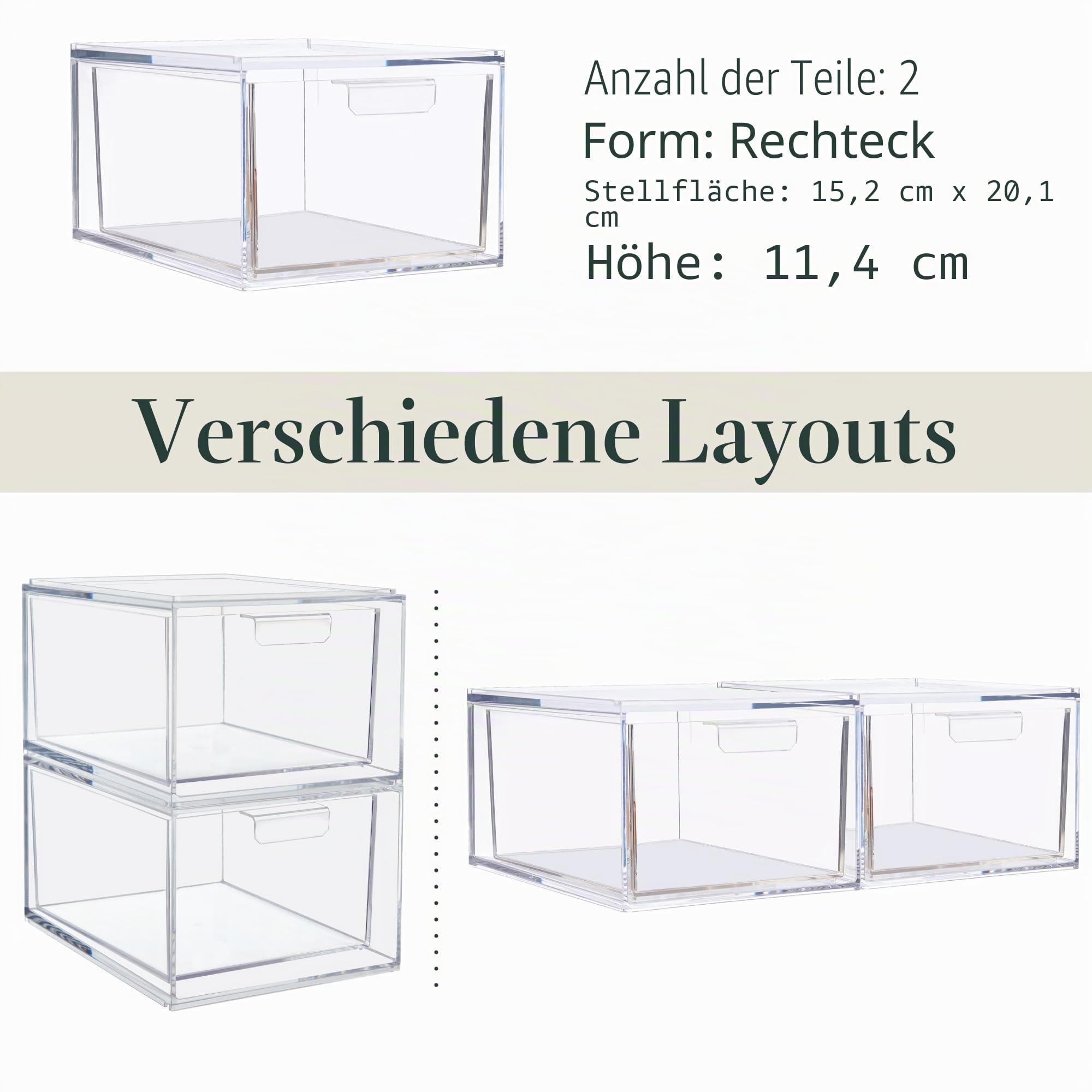 STORi Audrey stapelbare transparente Kunststoff-Organizer-Schubladen, 2-teiliges Set zum Organisieren von Kosmetik- und Schönheitsartikeln auf einem Schminktisch, hergestellt in den USA