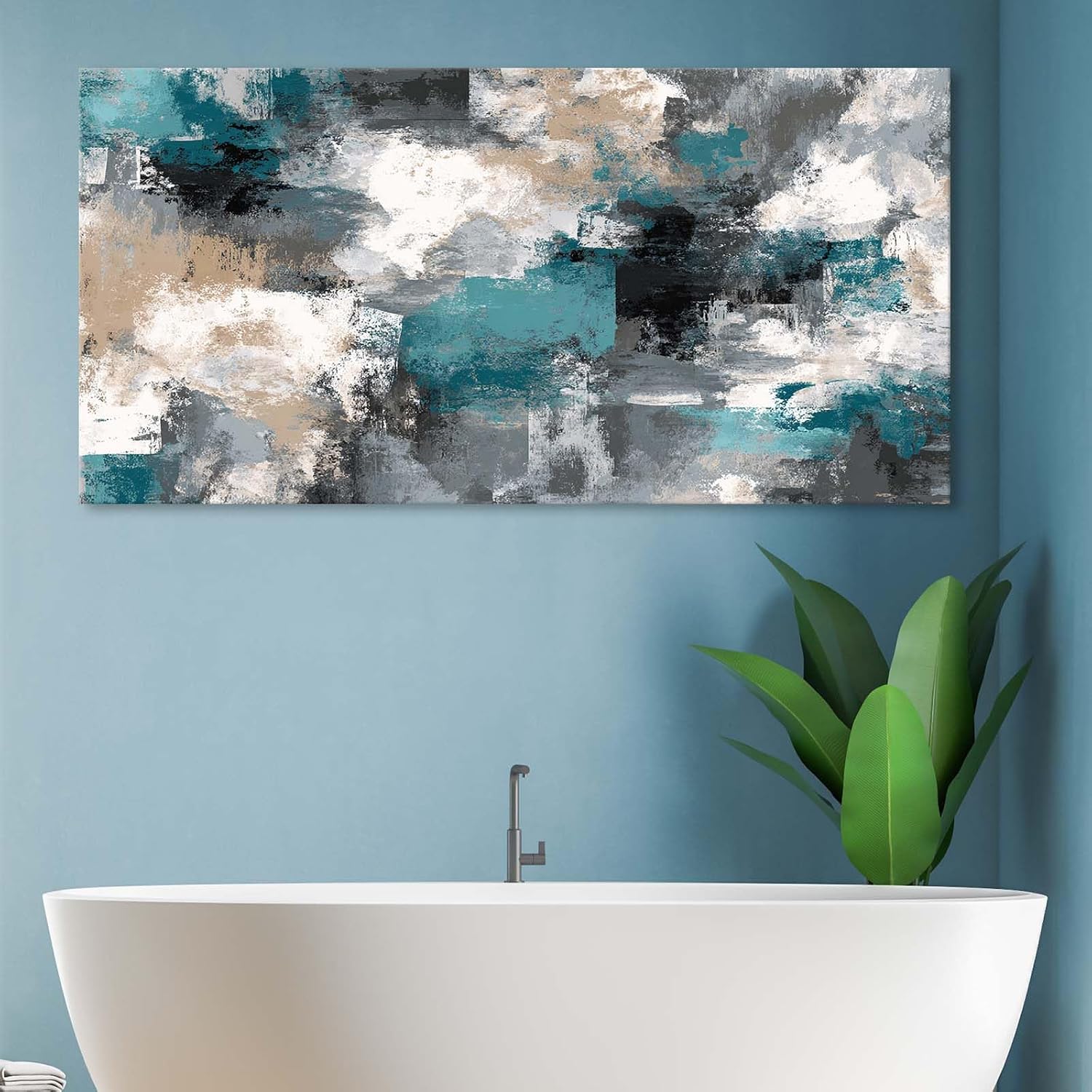 BewDalky Abstract Canvas Wall Art Living Room Wall Decor Teal Grey Black White Canvas Painting Minimalist Pictures Prints Modern Artwork Bedroom Bathroom Office Home Decoration Framed 28" x 58"